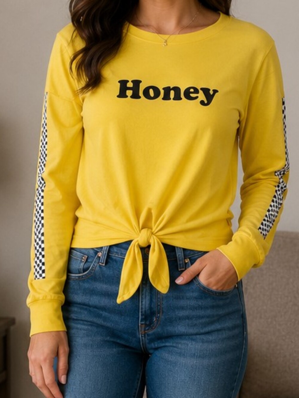 Honey Graphic Tie-Front Long Sleeve Tee in Yellow